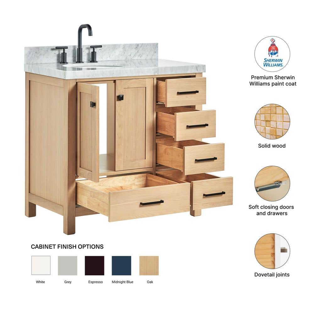 Oak Freestanding Vanity with Carrara Marble Top and Black Hardware