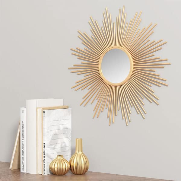 Blisstyle Gold 14.5 in W x 14.5 in. H Art Deco Sunburst MDF Framed Mirror Wall Mirror Wall Decor Mirror