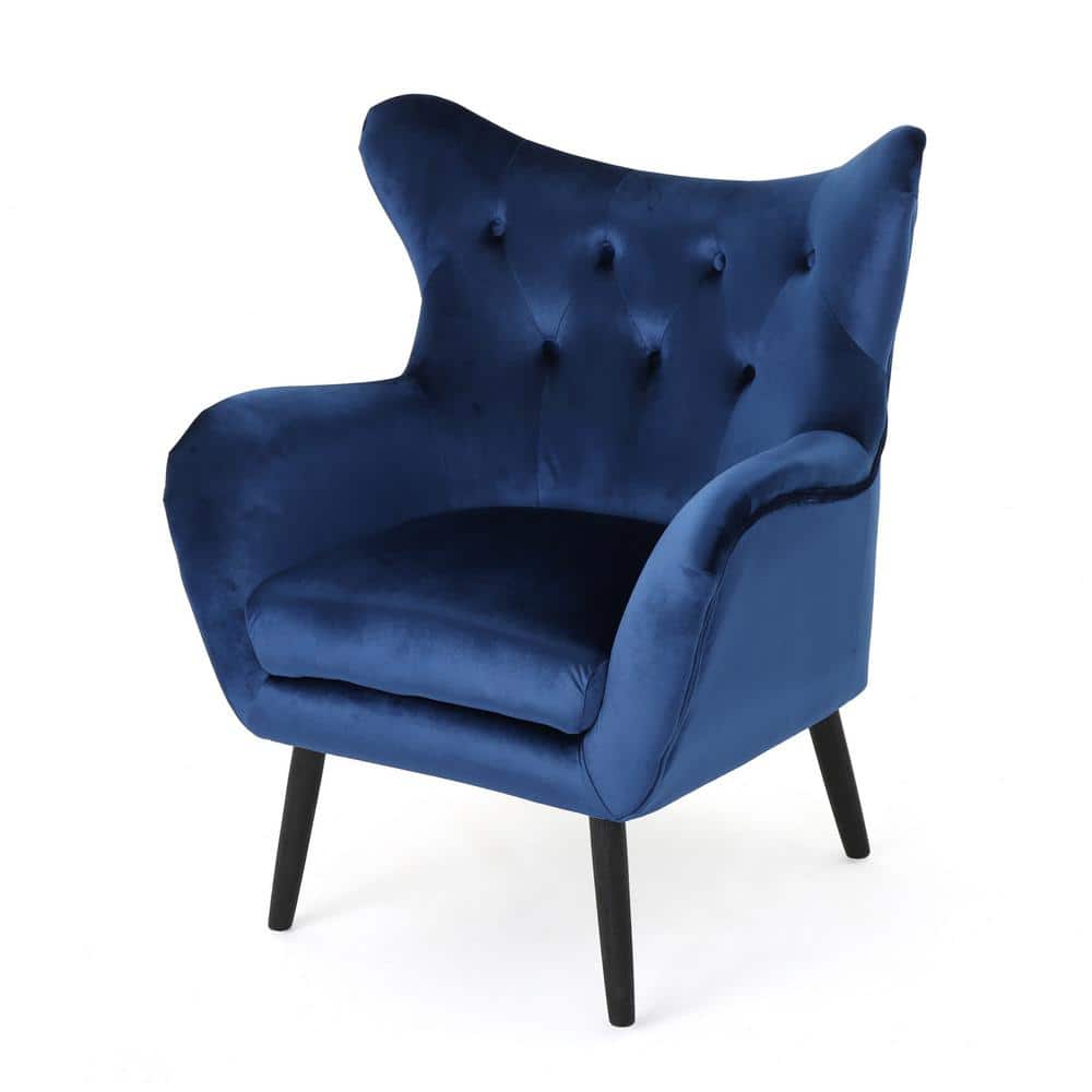 Handcrafted Navy Spot Velvet Wood Accent Chair with Slope Arm