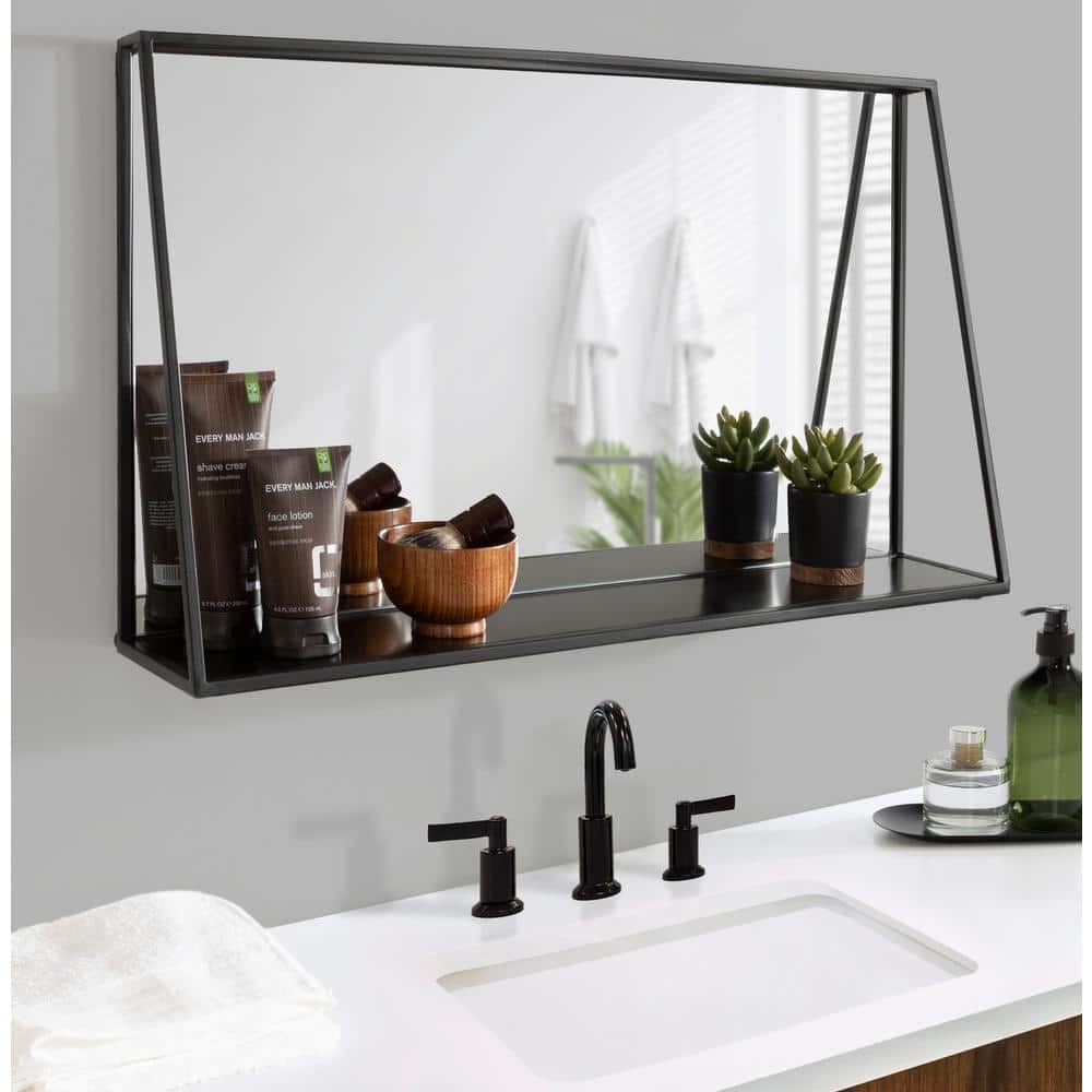 Lintz 32" Black Iron Rectangular Vanity Mirror with Shelf