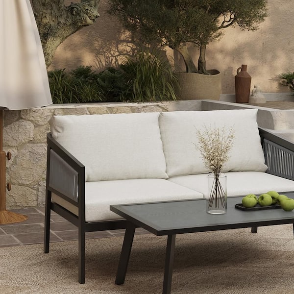 Outdoor Black Rectangle Metal Coffee Table with PE Rope Loveseat and Cushions Set