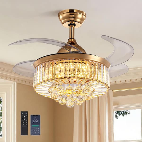 36 in. Gold Crystal Retractable Fandelier with Dimmable LED, Remote and App Control, 6-Speed DC Motor