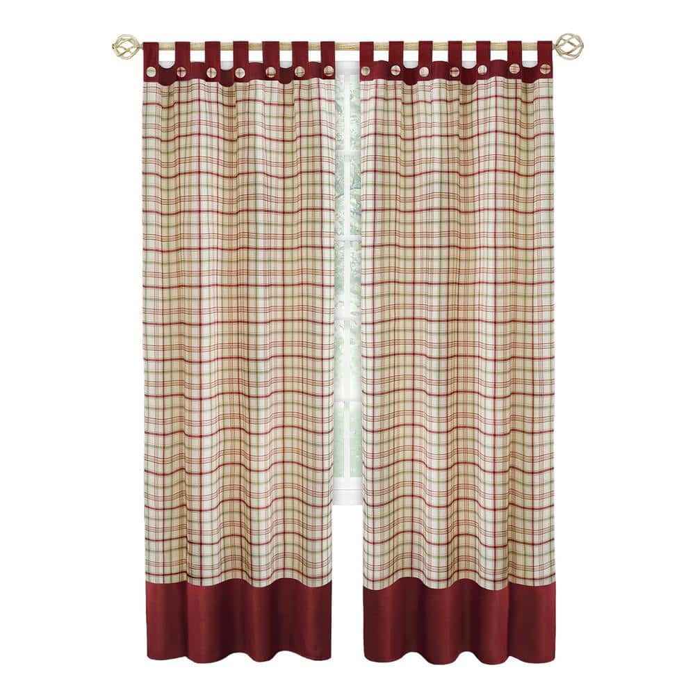 Burgundy Plaid Polyester Tab Top Light-Filtering Drapes