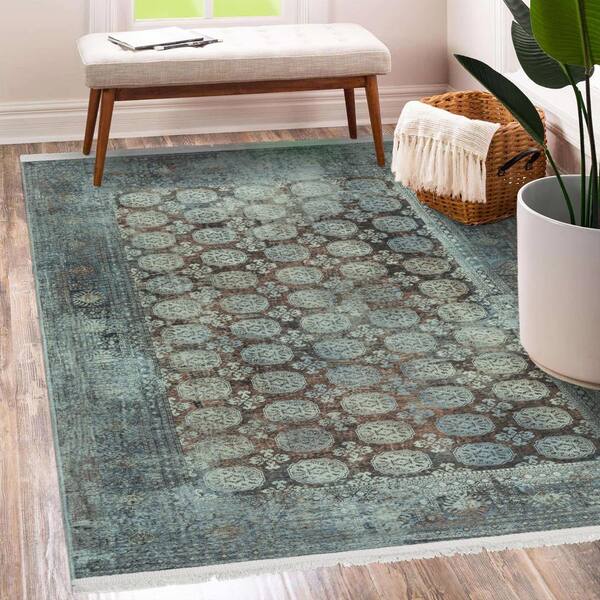 Area Rug, 4x6 ft Low-Pile Machine Washable Vintage Rugs for Living Room,  Non-Slip Backing Non-Shedding Indoor Floor Rugs Carpet for Bedroom Kitchen  Laundry Home Office, Brown/Multi 