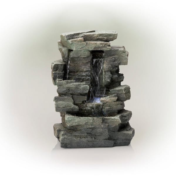 Alpine Corporation 13 in. Tall Indoor 4-Tier Cascading Tabletop Fountain with LED Lights, Gray