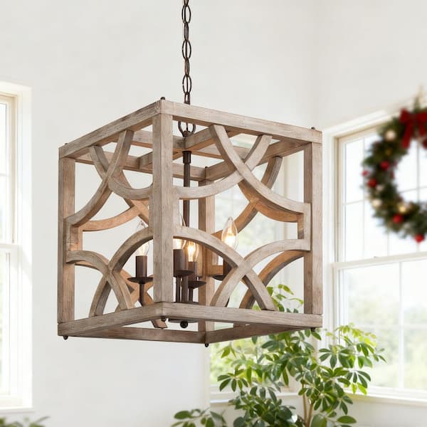 LNC Farmhouse Modern Brown Wood Candlestick Chandelier 4-Light Rustic Square Adjustable Cage Pendant Light with Rusty Accent