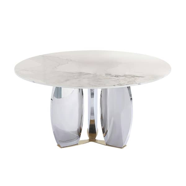 Lesly Modern Round White Chanel Rock Stone Tabletop 53.15 in. Stainless Steel Mirror Pedestal Dining Table (4 Seats)