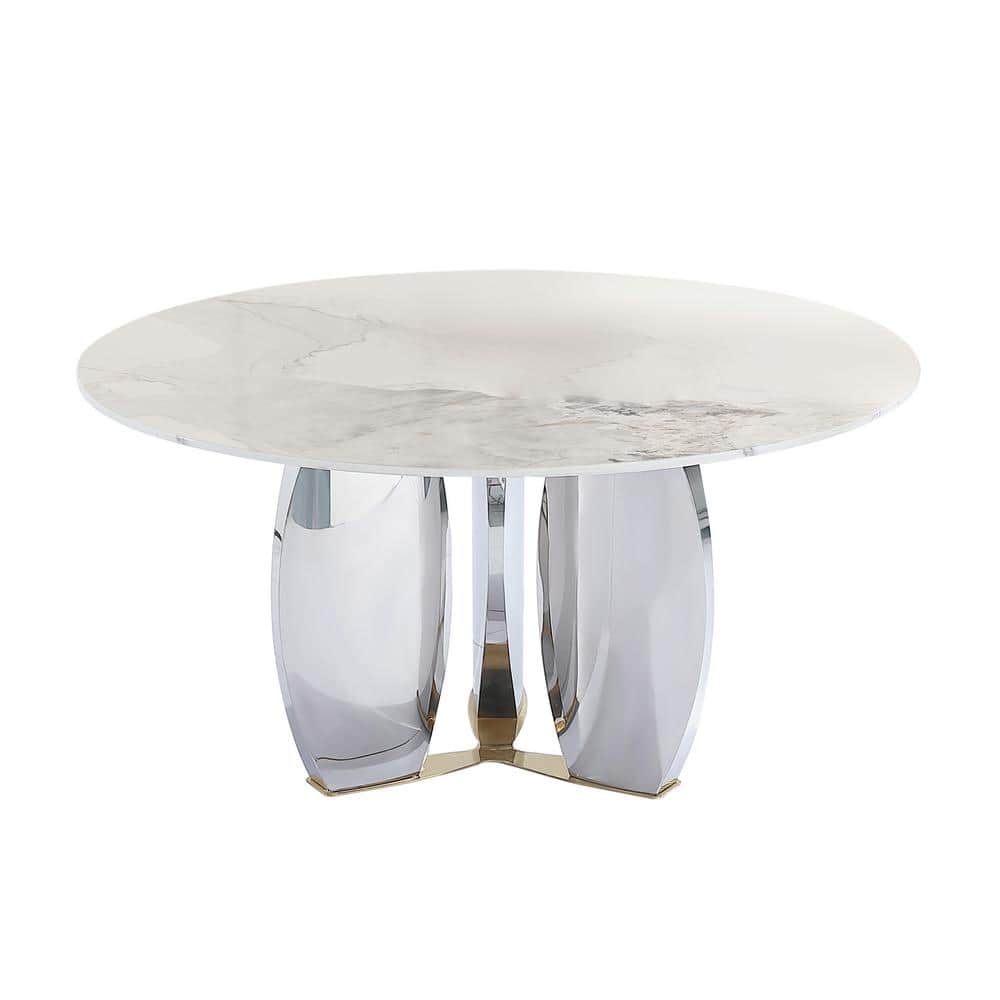 Modern Round White Chanel Rock Stone Tabletop 53.15 in. Stainless Steel Mir