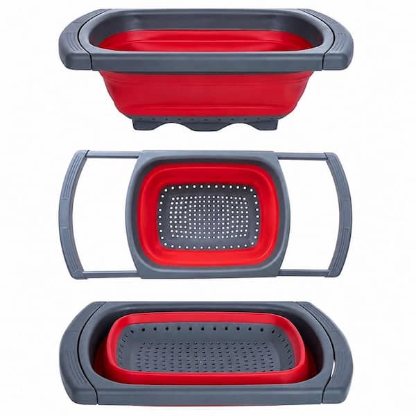 Collapsible Red Colander with Extendable Handles, 6 qt. Over-the-Sink Vegetable and Fruit Strainer