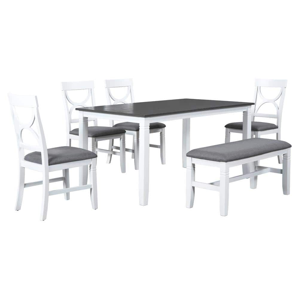 6 Piece Rectangular Gray Wood Top Dining Table Set with Bench and 4 Chairs, Farmhouse Style Seats 6