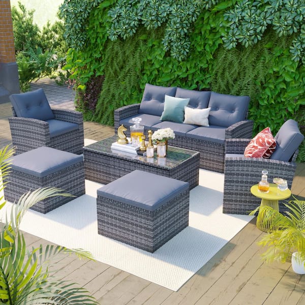 AUTMOON 6-Piece Outdoor Patio Furniture Conversation Set, All-Weather Wicker Sectional Sofas Set with Gray Cushion