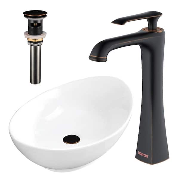 Karran Valera 23 in. Vitreous China Vessel Bathroom Sink in White with Faucet and drain in Oil Rubbed Bronze