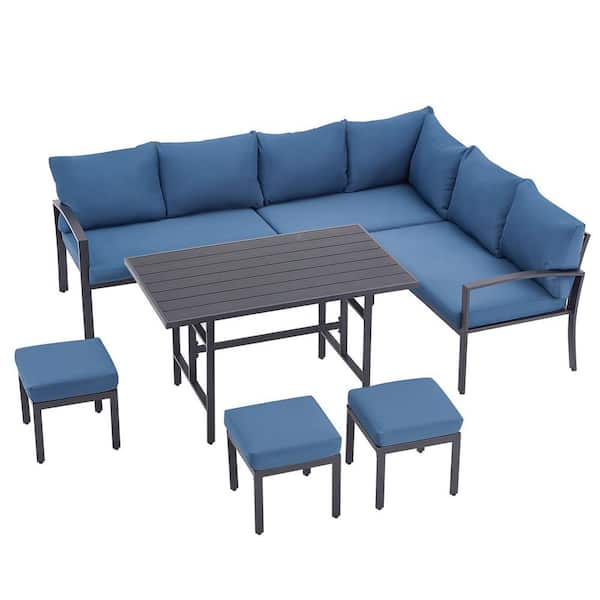 Tenleaf 7-Piece Metal Patio Conversation Set with Dark Blue Cushions