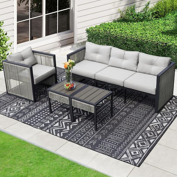 FINCATI 6-Pieces PE Wicker Gray Outdoor Patio Sectional Set with Cushions and 2-Side Tables