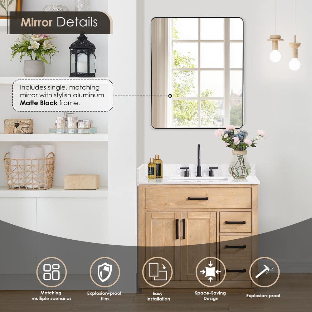 Gavino 36" Light Brown Wood Vanity with Composite Stone Top and Mirror