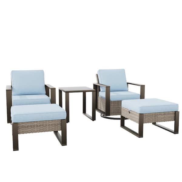 5-Piece Swivel Rocker Wicker Outdoor Patio Conversation Set with Light Blue Cushions