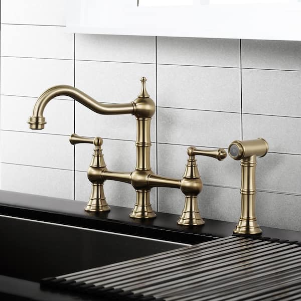 Brass 8 in. Double Handle Bridge Kitchen Faucet with Brass Valve, Side Sprayer and Supply Lines in Gold