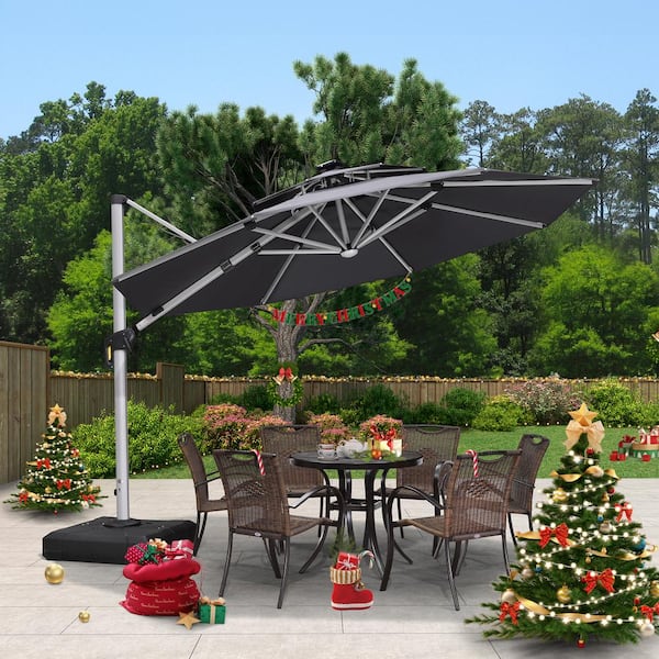 PURPLE LEAF 11 ft. Octagon Aluminum Solar Powered LED Patio Cantilever Offset Umbrella with Stand, Gray