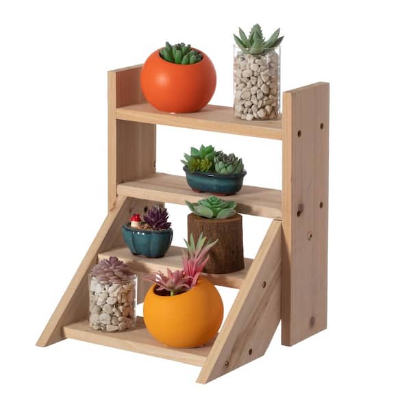 Vintiquewise Flower Pots Stand Medium Storage Rack for Indoor Outdoor Natural Wood Flower Display Storage Rack with 3 Shelves