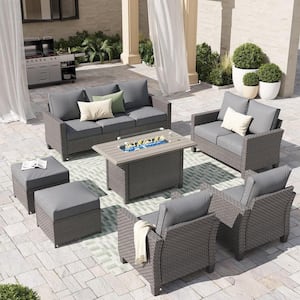 OC Orange Casual 7-Piece Grey Wicker Outdoor Conversation Set with Fire Pit Table, Grey Cushions