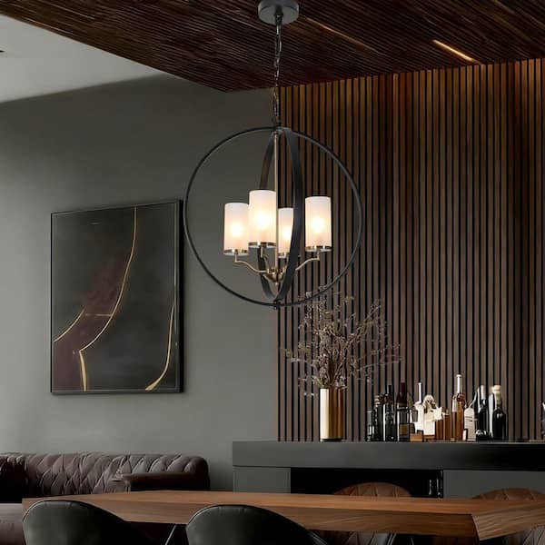 4-Light Black Brass Globe Chandelier Cylinder Glass Shade for Kitchen Island Foyer Dining Roome with no bulbs included