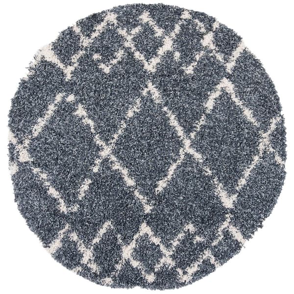 Pro Lux Shag 7 ft. x 7 ft. Blue/Creme Tribal Round Rug
