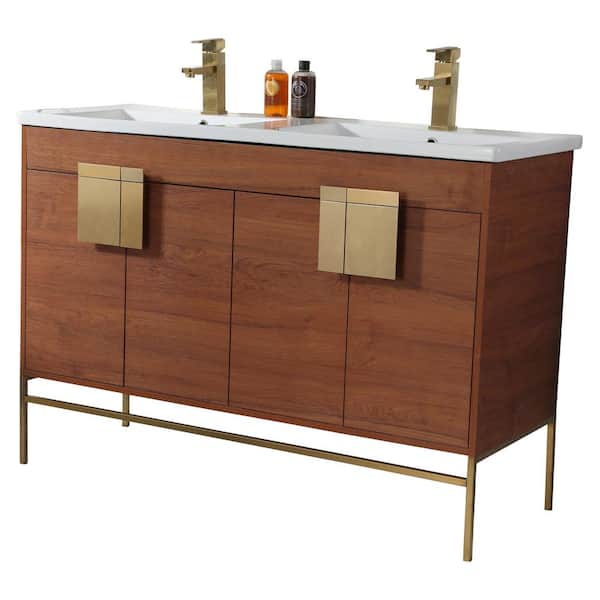FINE FIXTURES Shawbridge 48 in. W x 18.11 in. D x 33.5 in. H Bathroom Vanity in Spicy Walnut with White Ceramic Vanity Top