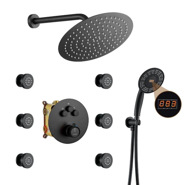1-Spray Digital Thermostatic Dual Shower Head and Handheld Shower Head and Body Spray Wall Mount 1.8 GPM in Mattle Black