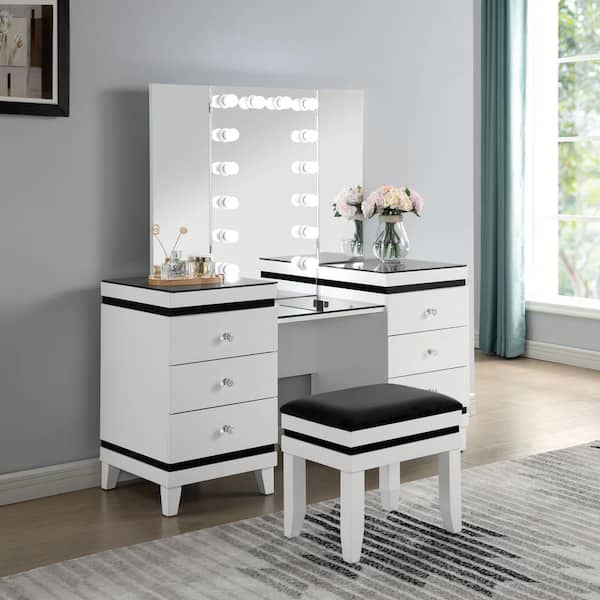 Peritvo 3-Piece White and Black Vanity Set with Tri-Fold Mirror and Light Bubs (63.88 in. H x 54 in. W x 20 in. D)