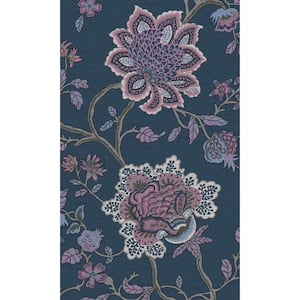 Navy Jacobean Flower Tropical Printed Non-Woven Paper Non Pasted Textured Wallpaper 57 Sq. Ft.