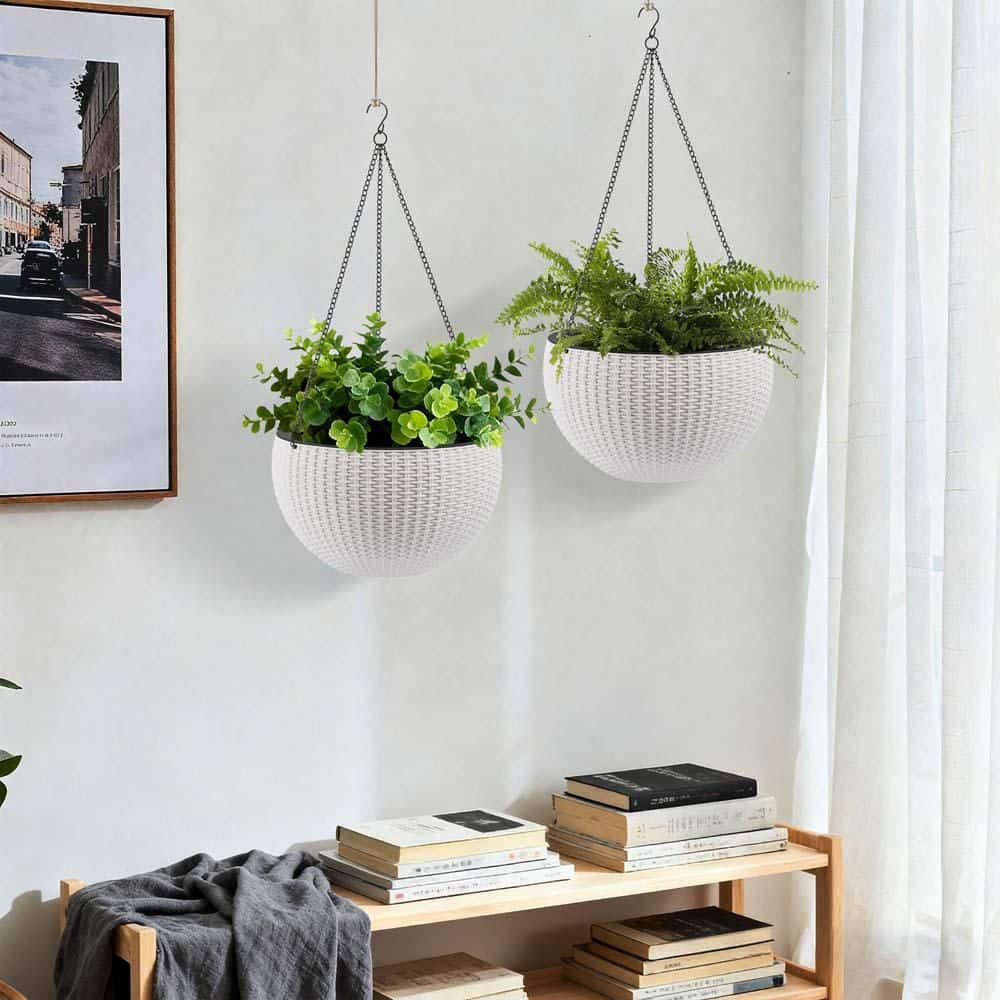White Resin Hanging Basket, Hanging Planters for Indoor Outdoor Plants,  Hanging Flower Pots with Self Watering, 2-Pack AAP383065 - The Home Depot