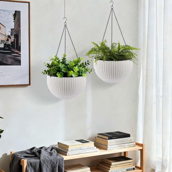 White Resin Hanging Basket, Hanging Planters for Indoor Outdoor Plants, Hanging Flower Pots with Self Watering, 2-Pack