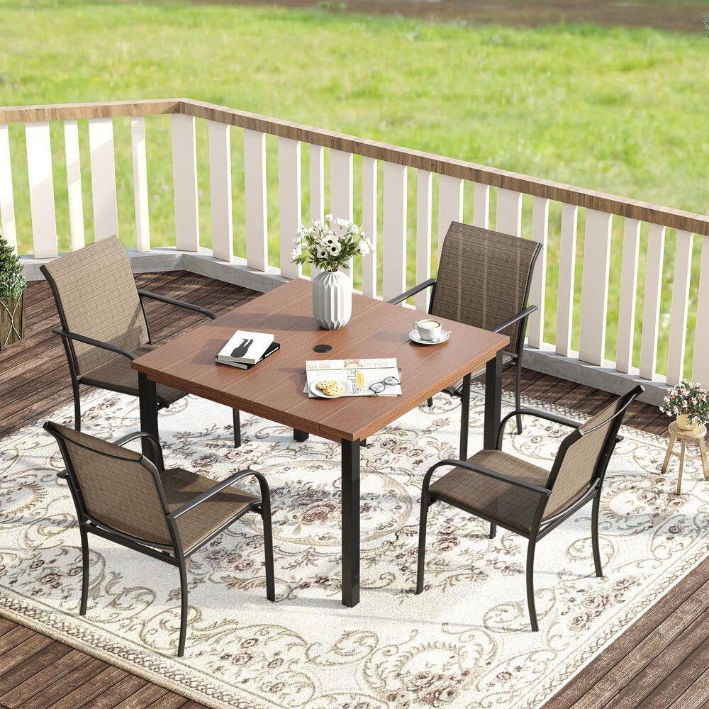 5-Piece Metal Outdoor Dining Set with Walnut Square Table and 4 Brown Dining Chairs with Armrests price history on PriceWatchPro