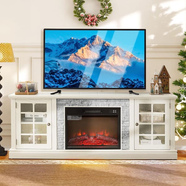 70 in. Freestanding Fireplace TV Stand for TVs Up to 75 in. with 23 in. Electric Fireplace Insert,Media Cabinet in White