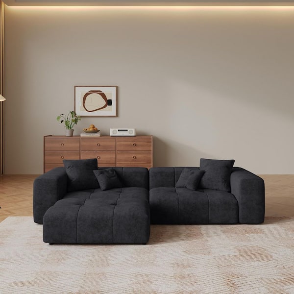 104.8 in. Square Arm 3-Piece Linen L-Shaped Sponge Tufted Modular Free Combination Sectional Sofa with Ottoman in. Black