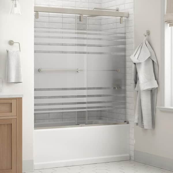 Delta Lyndall Mod 50-1/8 to 58-1/2 in. W x 59- H Soft-Close Frameless Sliding Tub Door, Nickel, Transition Glass