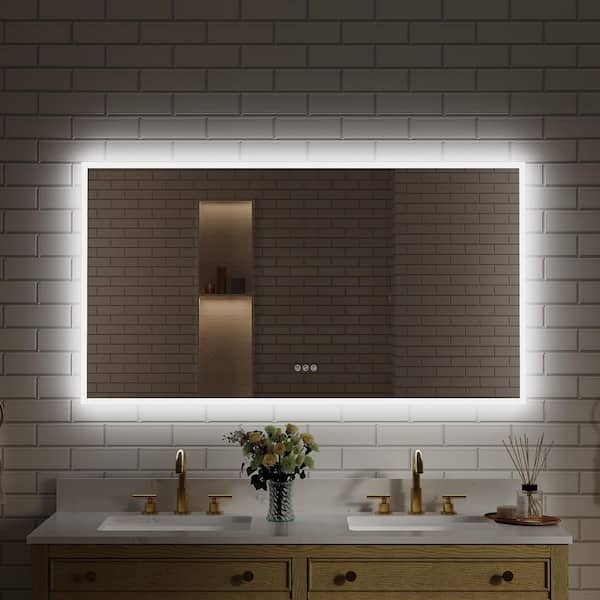 55 in. W x 30 in. H Rectangular Frameless Anti-Fog LED Light Wall Bathroom Vanity Mirror Frontlit and Backlit