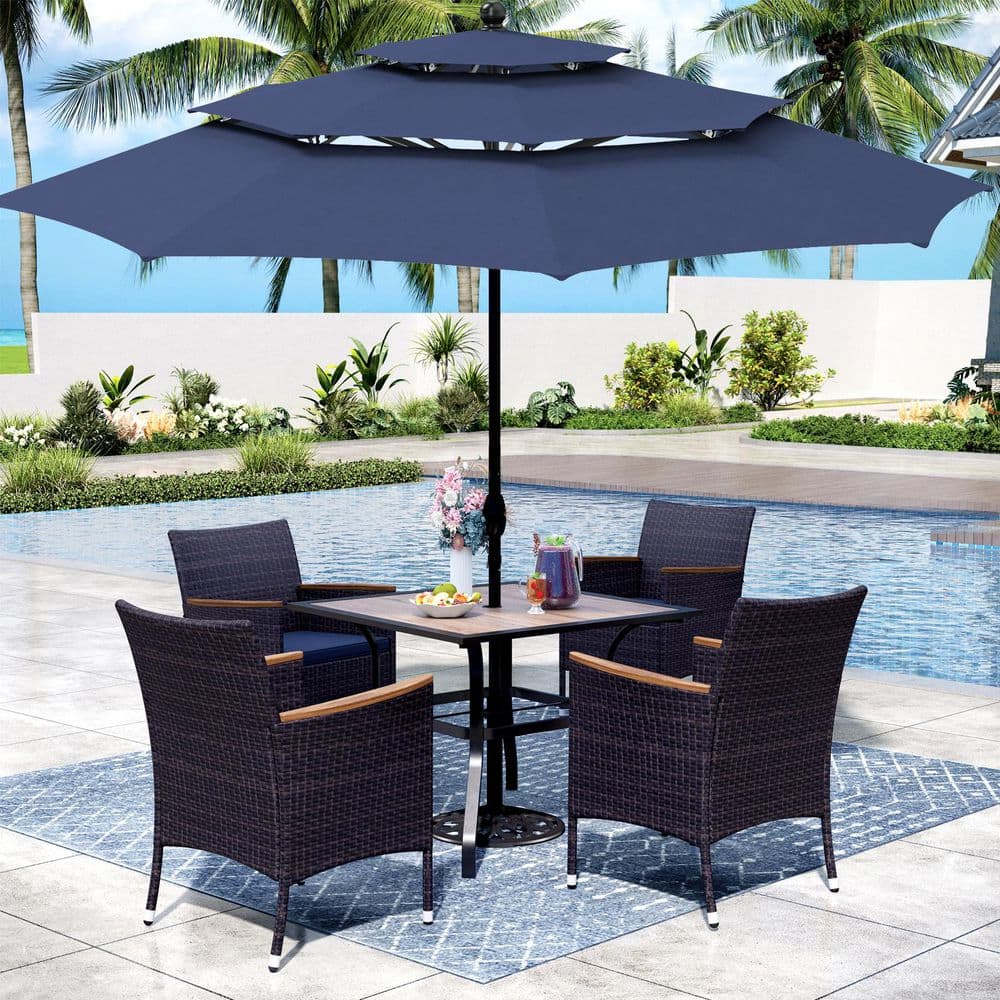 6-Piece Black Metal Patio Outdoor Dining Set with Wood-Look Square Table, Umbrella and Rattan Chairs with Blue Cushion price history on PriceWatchPro