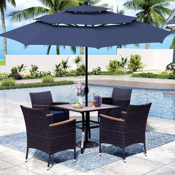 PHI VILLA 6-Piece Black Metal Patio Outdoor Dining Set with Wood-Look Square Table, Umbrella and Rattan Chairs with Blue Cushion