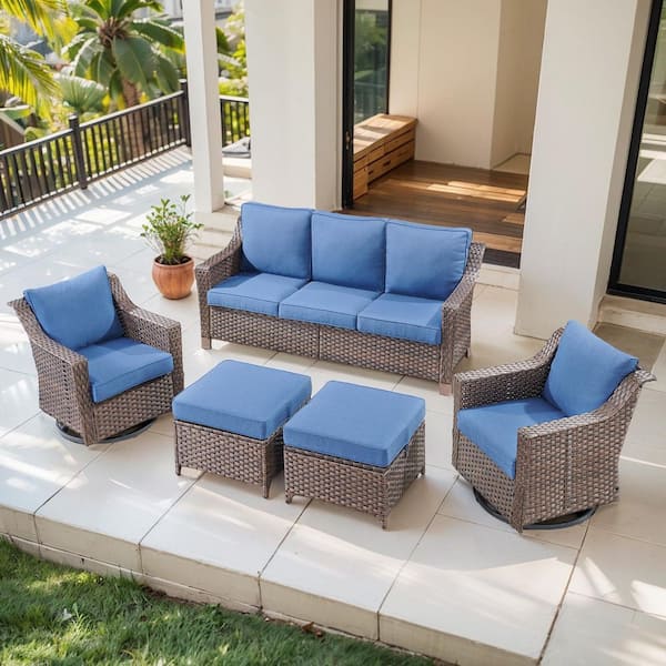 Opohoro SlideArm Brown 5-Piece Wicker Swivel Glider Patio Conversation Set, Sofa Seating Set with Olefin Navy Blue Cushions