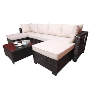 7-Piece Brown Wicker Outdoor Sectional Conversation Sofa Set with Beige Removable Cushions and Coffee Table