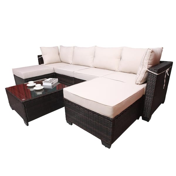 grossag 7-Piece Brown Wicker Outdoor Sectional Conversation Sofa Set with Beige Removable Cushions and Coffee Table