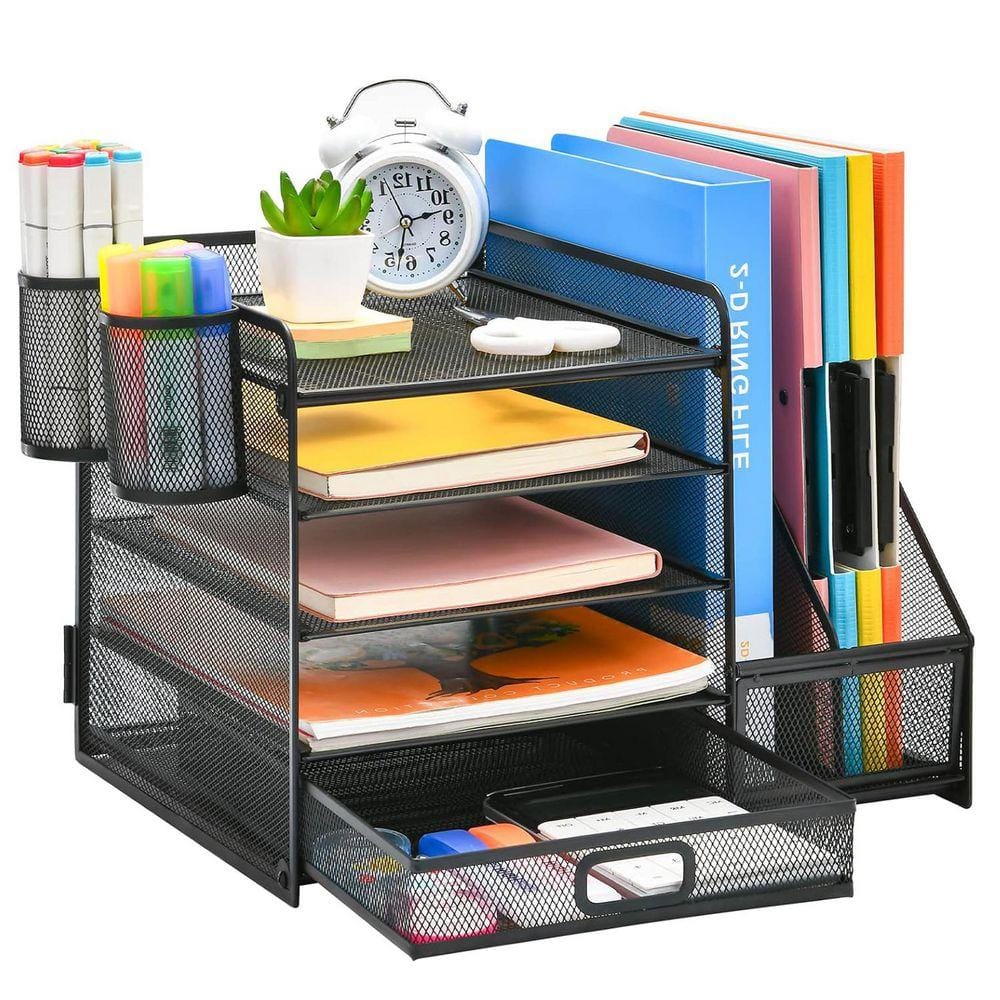 Black 13.8 in. x 11 in. Metal Desk Organizers with File Holder and Black 13.8 in. x 11 in. Metal Desk Organizers with File Holder and