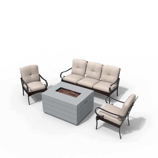 moda furnishings Bob Gray 4-Piece Concrete Patio Fire Pit Conversation Sofa Set with Beige Cushions