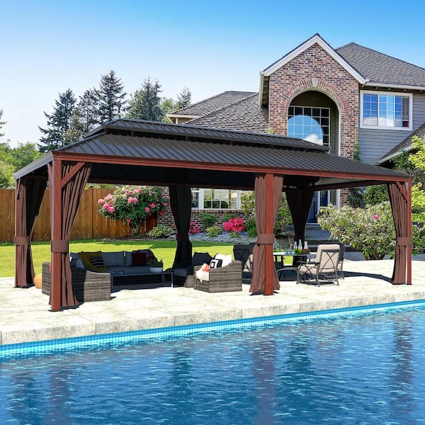 24 ft. x 14 ft. Wood Grain Aluminum Hardtop Gazebo Double Roof with Curtains and Netting