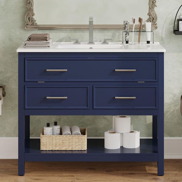 36 in. Freestanding Blue Bath Vanity with White Ceramic Top, 3 Drawer, Open Shelf Bathroom Storage Cabinet Unassembled