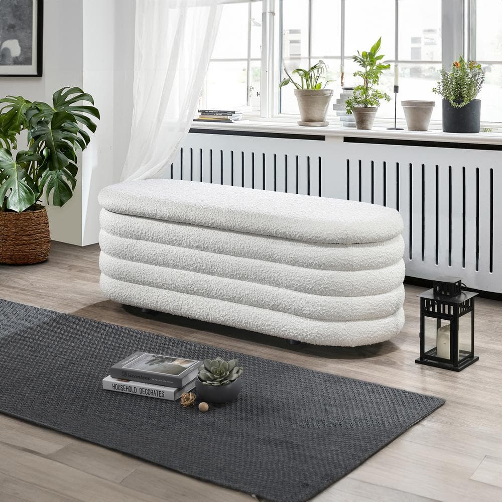 Ellipse White Boucle Fabric Storage Bench with Solid Wood Frame