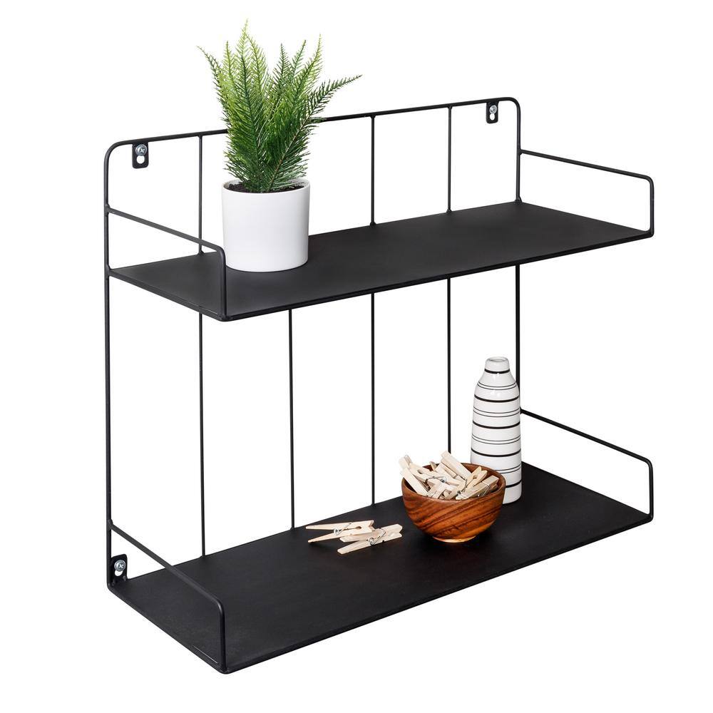 Sleek Duo-Tier Black Steel Floating Wall Shelf