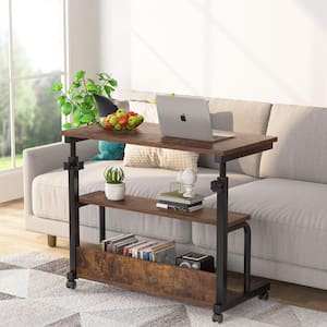 Kerlin 31.5 in. Brown C-Shaped Side Table with Wheels, Height Adjustable End Side Table with Storage Shelves