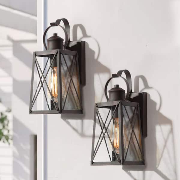 LNC Craftsman Modern Rustic Bronze 1-Light Outdoor Wall Sconce with Clear Seeded Glass Shade Exterior Wall Lantern (2-Pack)